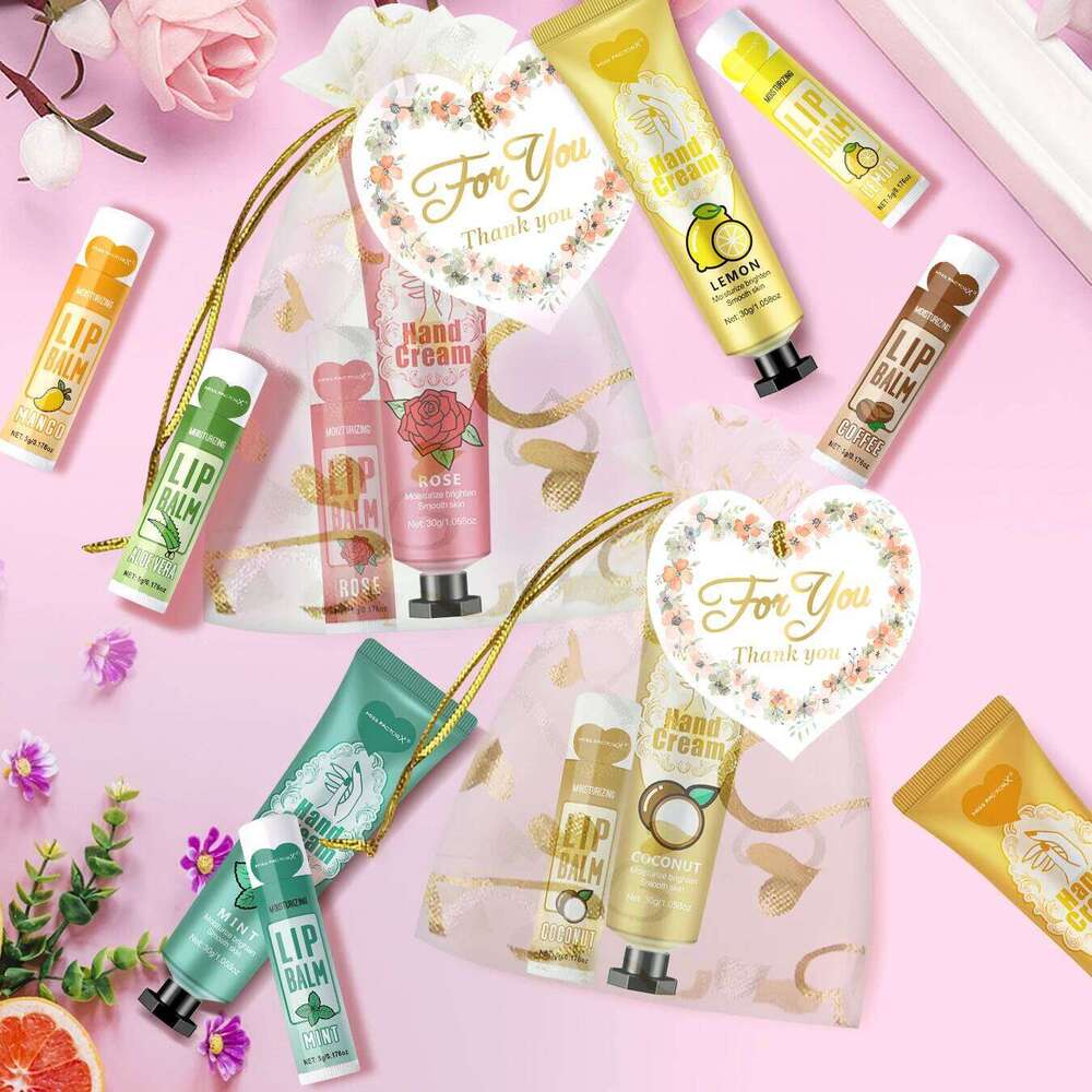 12 Hand cream lip balm set Friends Party Gift with love net bag and thank you card Holiday gift free shipping