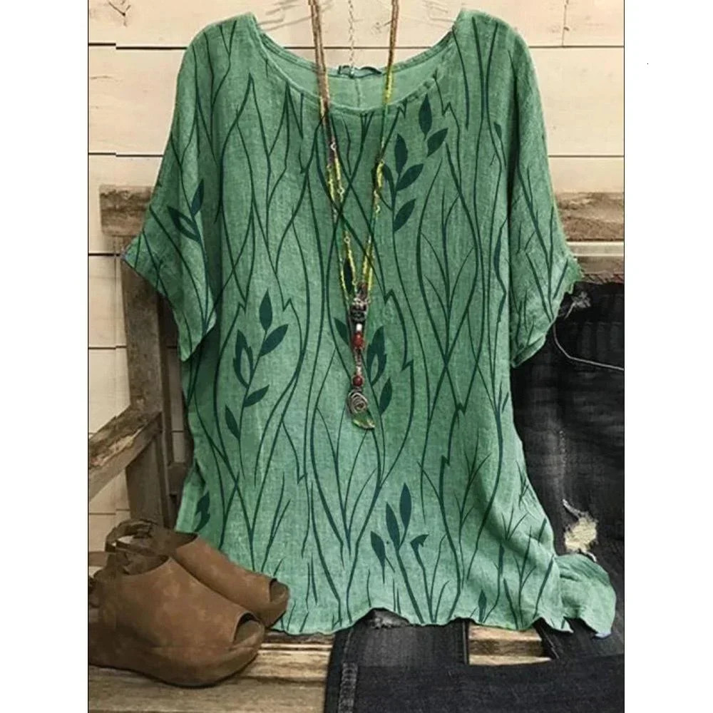 Plus Size 1XL-8XL Top Shirts Women Casual Loose Leaves Print Blouse T-shirt Ladies Fashion Vintage Blouse Unique Half Sleeves 250605
