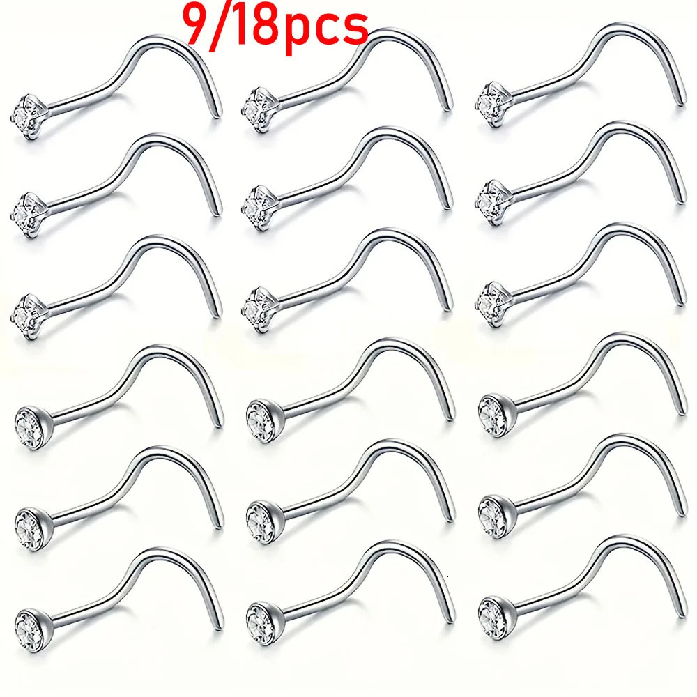 9/18pcs Stainless Steel Nose Studs Corkscrew Nose Ring with 2mm CZ Steel Nostril Nose Piercing Jewelry for Women Men 250605