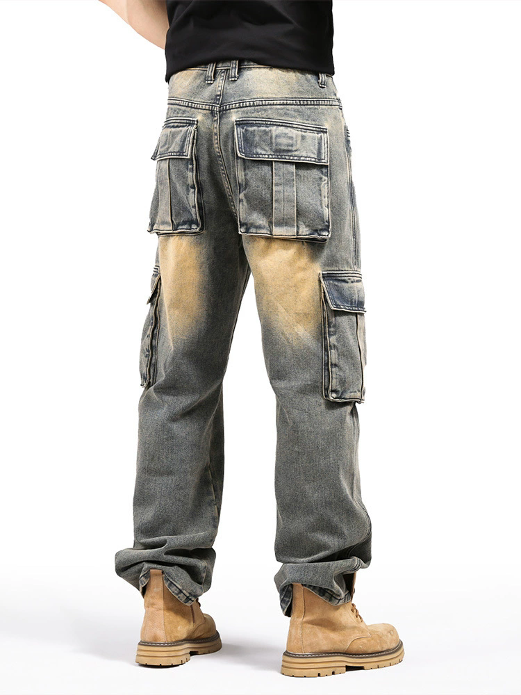 Hip Hop Cargo Jeans Men Streetwear Multi Pocket Baggy Straight Pants Autumn HipHop Denim Pants Jean Washed Length Trousers Big Size 44 P51908 Bottoms