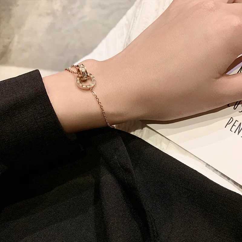 Personalized Roman numeral double ring cross zircon bracelet suitable for women Korean fashion gold stainless steel braceletC250606