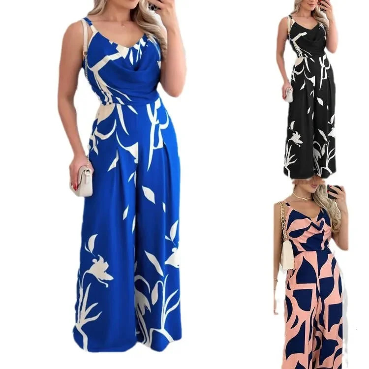 Fashionable Printed V-Neck Backless Waist-Cinched Wide Leg Jumpsuit Elegant One-Piece Cross-Border Long Pants for Women 250530