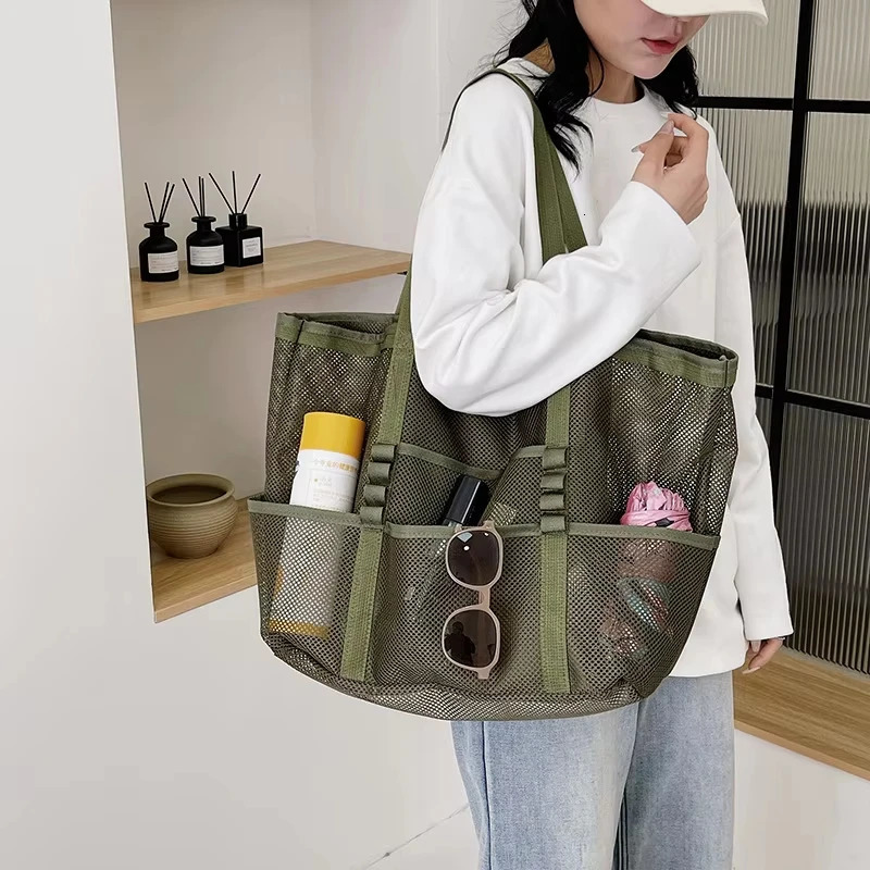 Large Capacity Canvas Beach Bag Versatile Commuting Shopping Shoulder Lightweight Semi Transparent Mesh Hollow Bag 250605