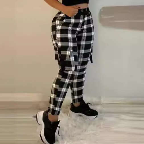 Women's Fashion Slim Fit Black Plaid Comfortable Casual Skinny Cargo Pants B5