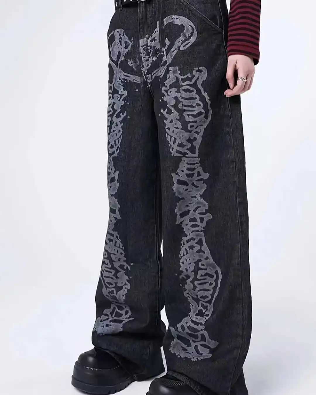 Y2K Fashion Skull Pattern Washed Gray Baggy Jeans Men Women Harajuku Hip Hop Skateboard Pants Street Straight leg Denim Pants Z250605