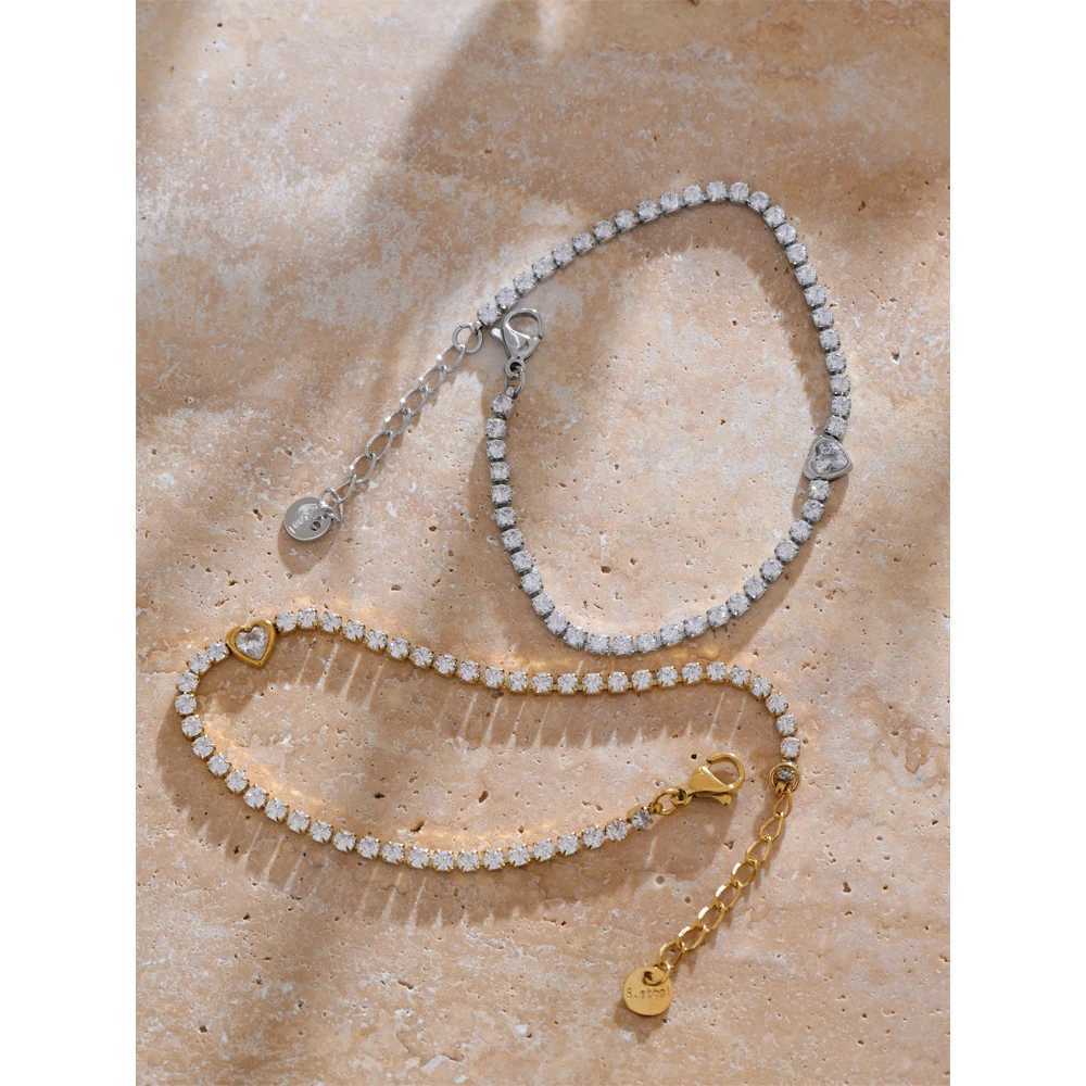 Yhpup Delicate Bling Cubic Zirconia Heart Chain Bracelet Bangle Exquisite Stainless Steel Shiny Waterproof Wrist Jewelry Gift W250606