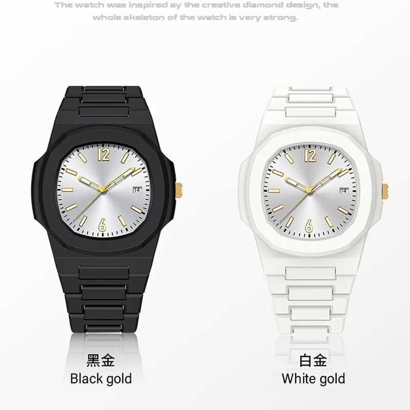 Classic Square Black and White Plastic Particle Quartz Watch for Mens Casual Waterproof Night Light Clock Relogio Masculino Y250605