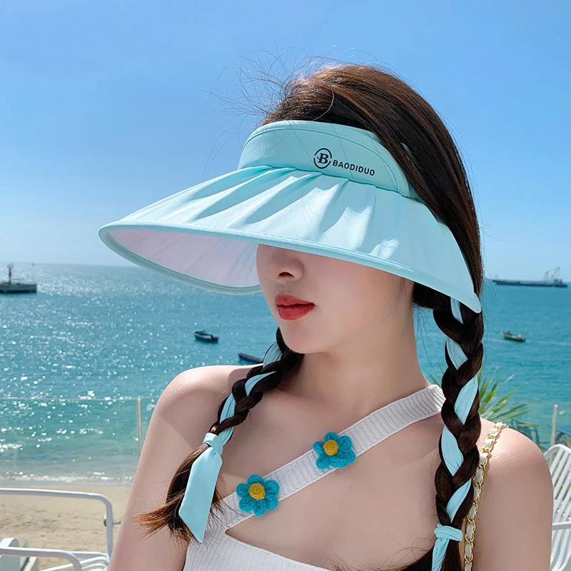 Summer ice silk streamers empty top hat Fashion shell large brim sunblock hat UV protection sunshade hat 250603