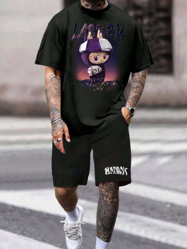 2025 New LABUBU Pure Cotton Short Sleeve T-Shirt American Style Loose Trendy Casual Set Digital Direct Print labubu doll