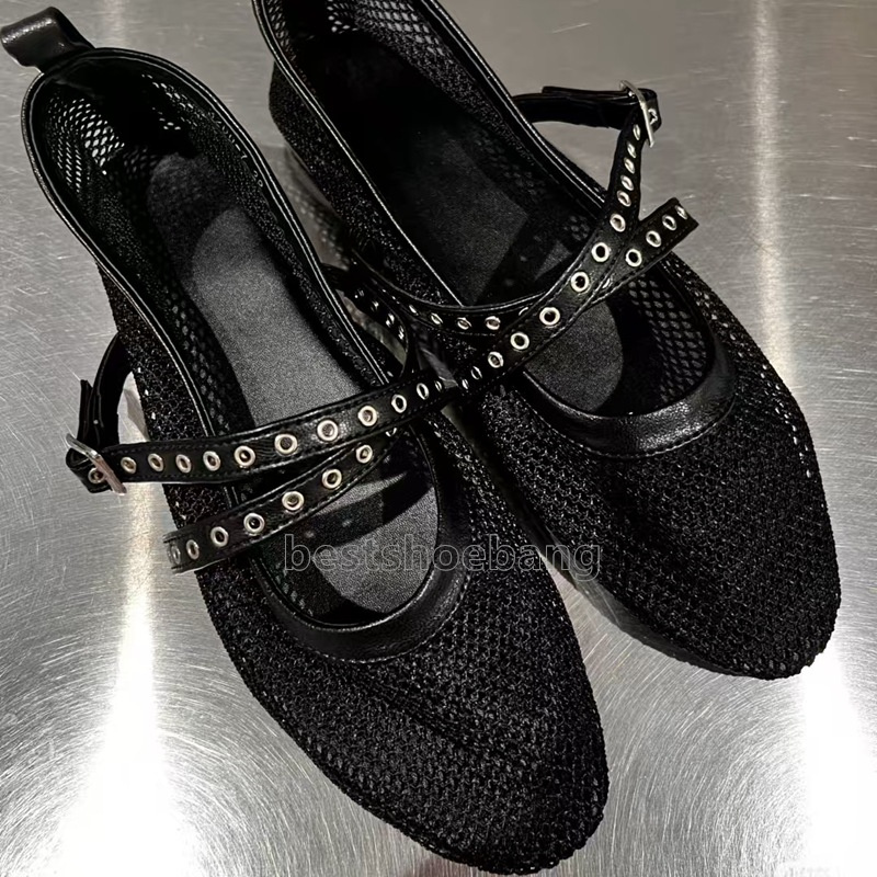 Mesh Leather Designer Flat Shoes Women Hollow Ballet Flats Comfort Soft Soled Dance Shoe Summer Casual Mary Jane Sandals Loafers Fashion Classics Blac