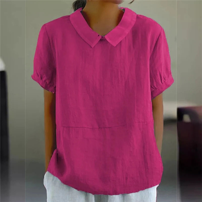 Solid Color Cotton Linen Lapel Pullover Shirt Women Summer Short Sleeve Blouse Female Comfortable Casual Simple Style Tops 250605