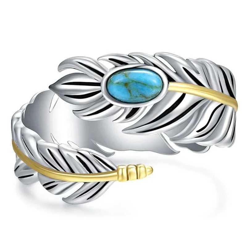 Huitan Bohemia Feather Design Finger Ring for Men/Women Two Tone Plate Oval Imitation Turquoise Stone Couple Rings Trend Jewelry W250606