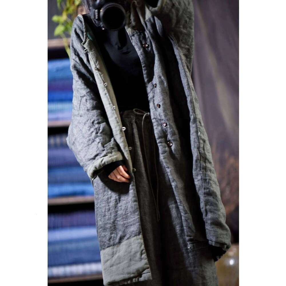 Women Linen Patchwork Thin Padded Outerwear Ladies Vintage Washed Flax Spliced Long Coat Parkas Female Topcoat