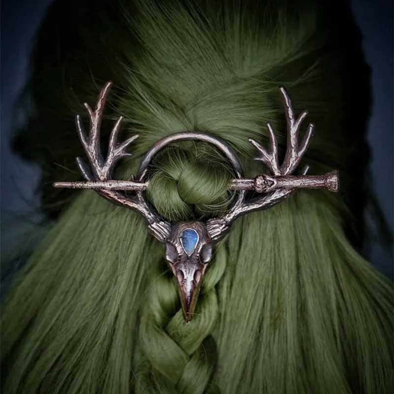 1PC Gothic Retro Cow Skull Skeleton Moonstone Hair Clips Hairpins for Women Y2k Fashion Deer Horn Hair Stick Hair Styling Tools Z250605