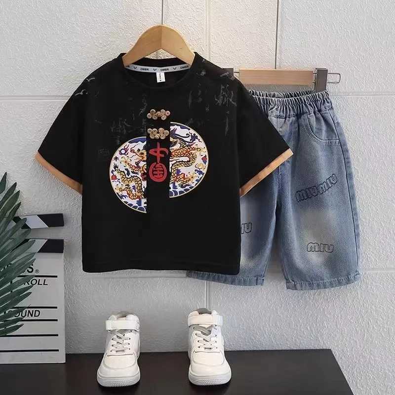 Boys Summer Hanfu Set 2025 New Childrens Short sleeved Cotton Embroidery Print T-Shirt Jeans Pant 2pcs Chinese Style Kids Suit R250606