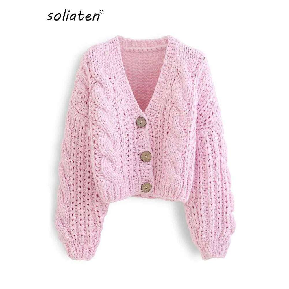 Handmade Chunky Knit Tops Women 2025 Fashion Cropped Knitted Cardigan Sweater Vintage Long Sleeve Female Outwear Chic C-159