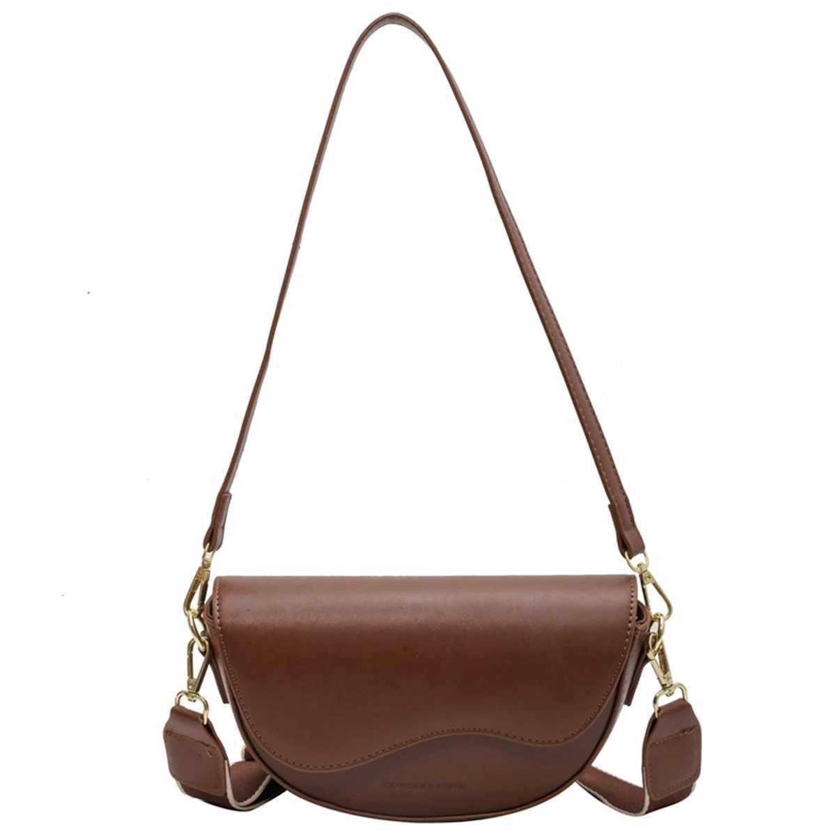 2025 Summer New Womens Vintage Solid Color Flap Saddle Bag Shoulder Bag Fashion PU Leather Wide Strap Crossbody Bag M250606