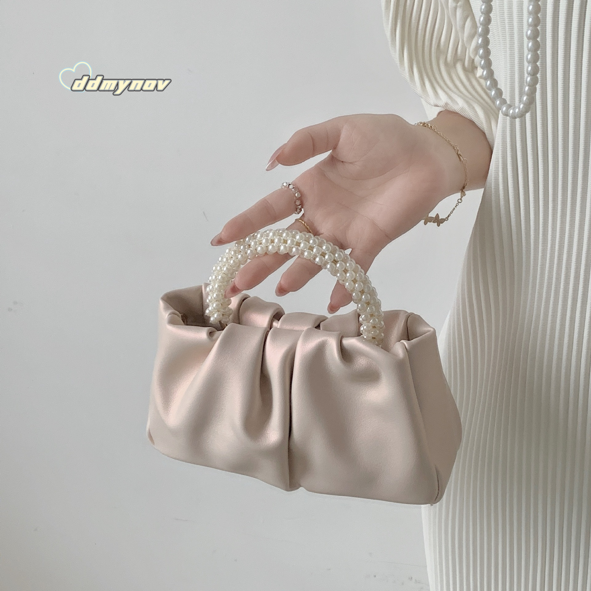 Sweet Girl Pearl Handbag Women Fashion Versatile Pleated Crossbody Cloud Bag Pearlescent Mini Phone Pouch ddmynov