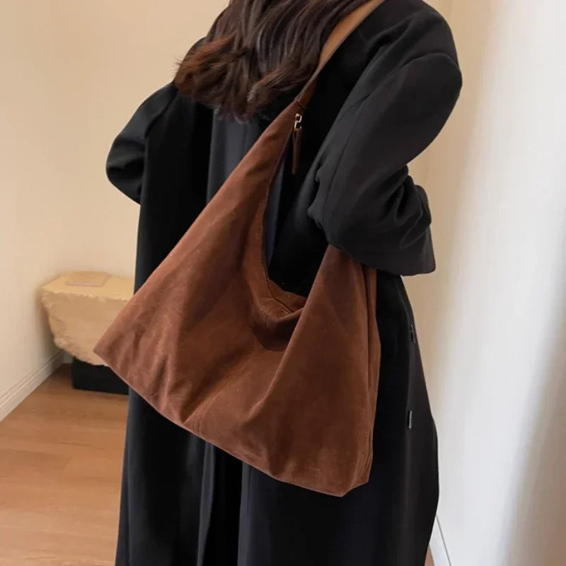 Women Vintage Suede Tote Bag Fashion Autumn Winter Trend Large Capacity Underarm BagsCommute Shoulder Crossbody Bags 250605
