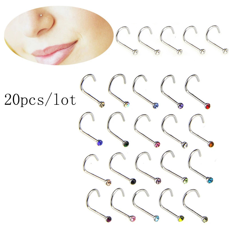 20pcs/lot Stainless Steel Crystal Rhinestone Nose Studs Hooks Bar Pin Nose Rings Body Piercing Jewelry For Women 250605