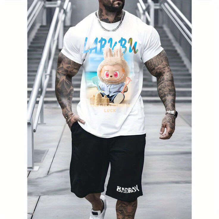 2025 New LABUBU Pure Cotton Short Sleeve T-Shirt American Style Loose Trendy Casual Set Digital Direct Print labubu doll