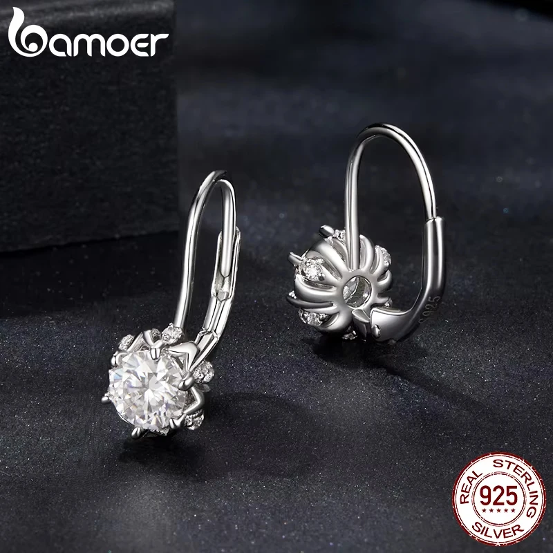 BAMOER Platinum Plated Moissanite Flower Earrings for Women, Round Cut Lab Diamond Real 925 Sterling Silver Hypoallergenic Earrings valentines day Gif