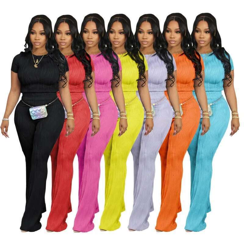 Women Solid Summer Ribbed 2 Piece Set Casual Tracksuits Short Sleeve T-shirts Tops + Flare Pants Fashion Slim Outfit Suits