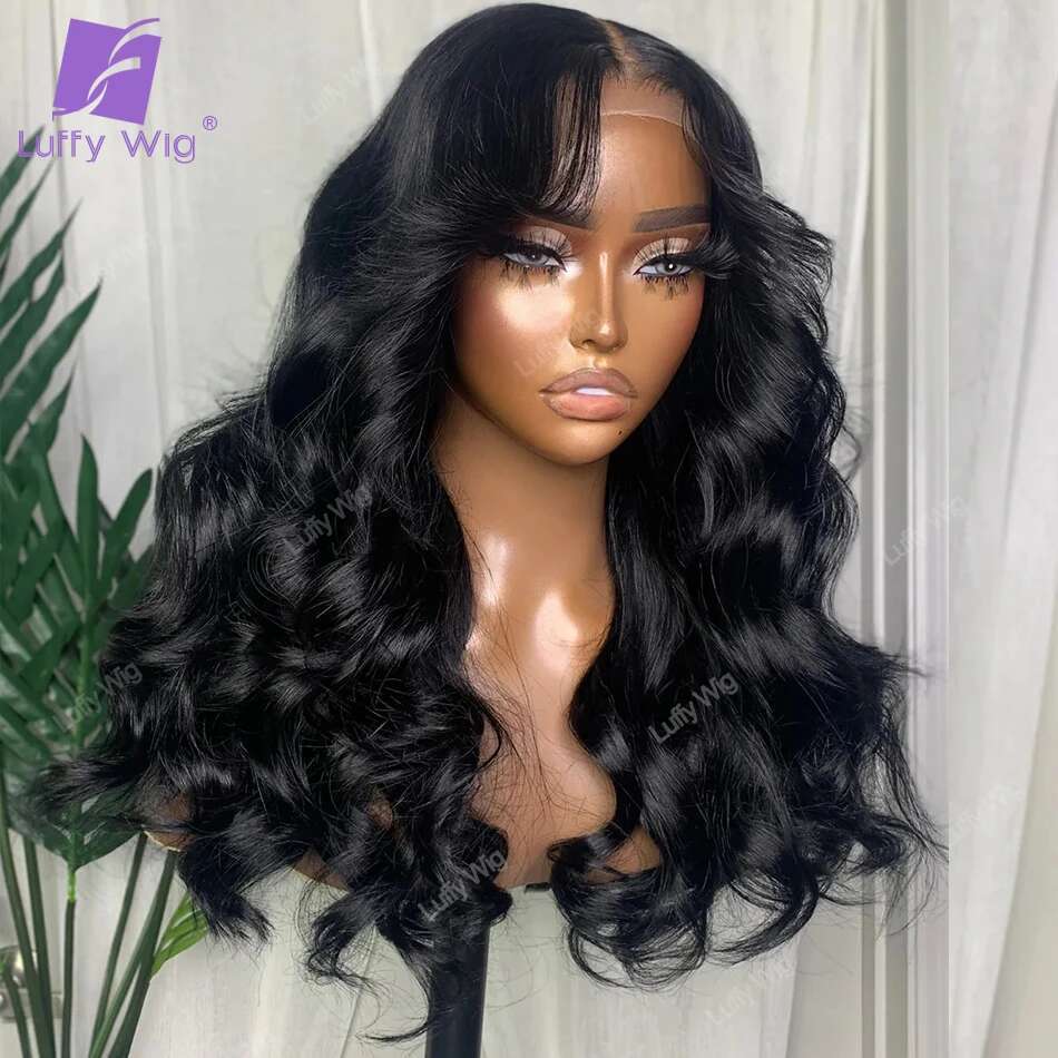 13x6 Wavy Lace Front Wig With Bangs Brazilian Remy 360 Frontal Human Hair Wigs Glueless 200 Density For Black Women