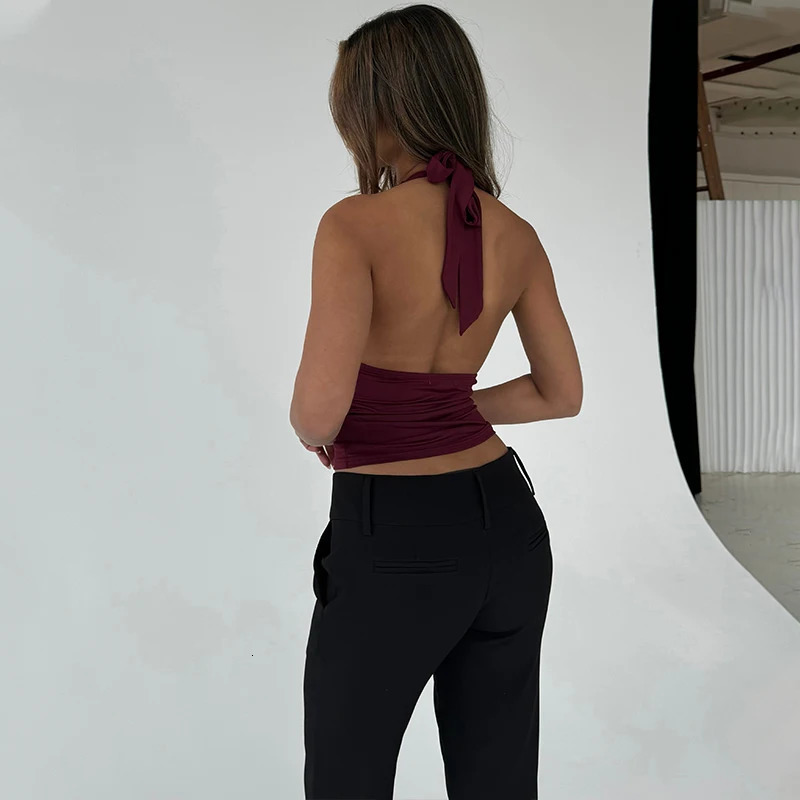 WhereMery V-Neck Sexy Lace Edge Halter Slim Backless Casual Solid Crop Tops Y2K Summer Fashion Streetwear Daily Sweet Cute Vest 250605