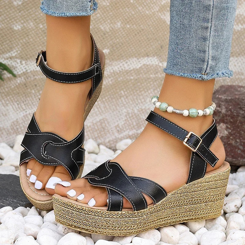 Lucyever Chunky Platform White Sandals Wome Summer Pu Leather Wedge Heels Sandalias Woman Ankle Straps Thick Sole Sandles Mujer 250605