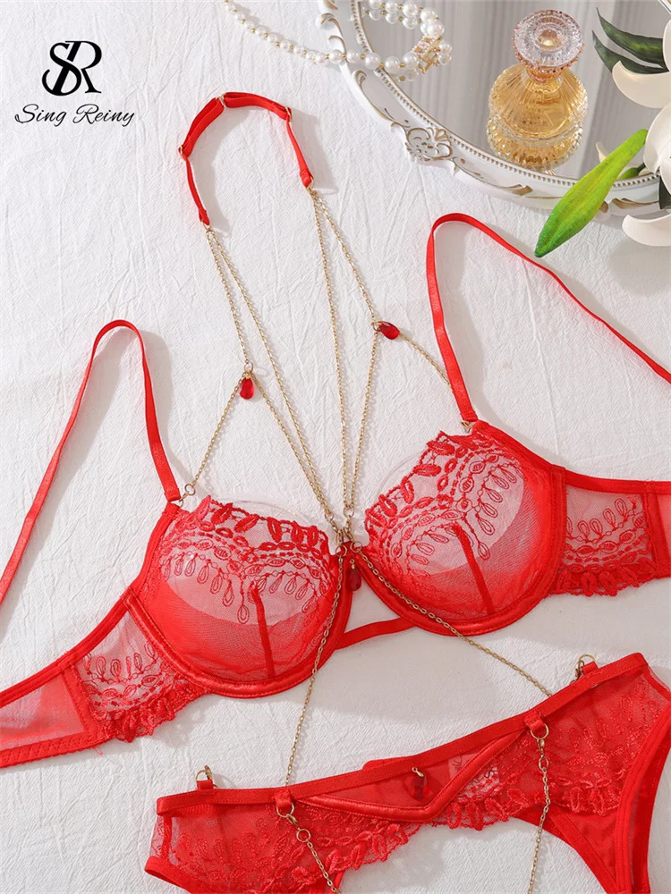 SINGREINY Chain Halter Sensual Underwear Sets Sexuality Garter Skinny Shapewear Women Lingerie Spliced Sheer Erotic Bra Suits 250603