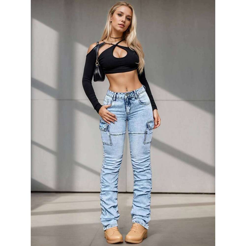 2025 New Women's High Waisted Elastic Multi Pocket Workwear Jeans, Street Fashion Casual Slim Fit Stacking Pants, Comfortable Fi