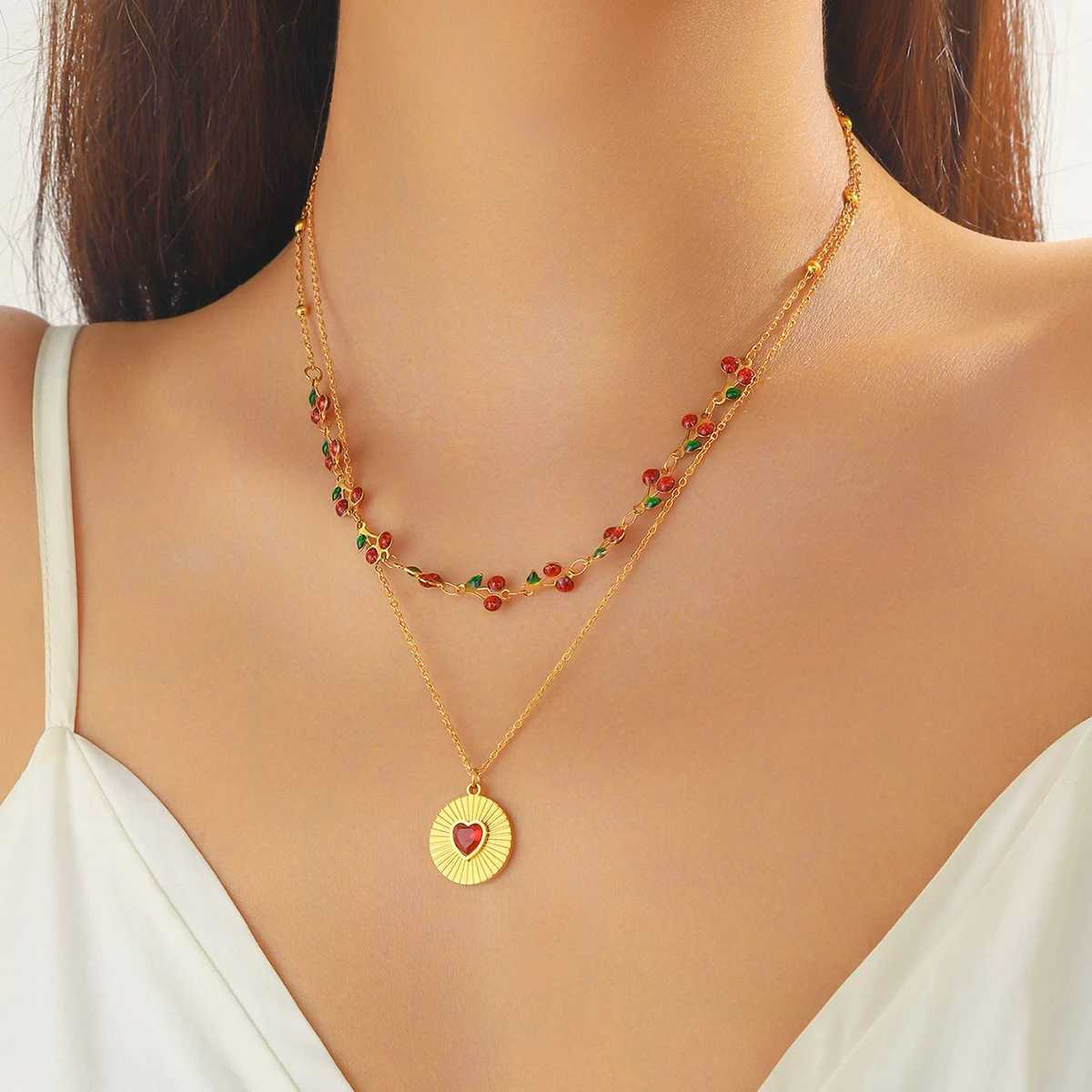 DIEYURO 316L Stainless Steel Cherry Circular Inlaid Red Heart Zircon Double-layer Necklace Womens Trend Neck Chain Jewelry Gift Y250605