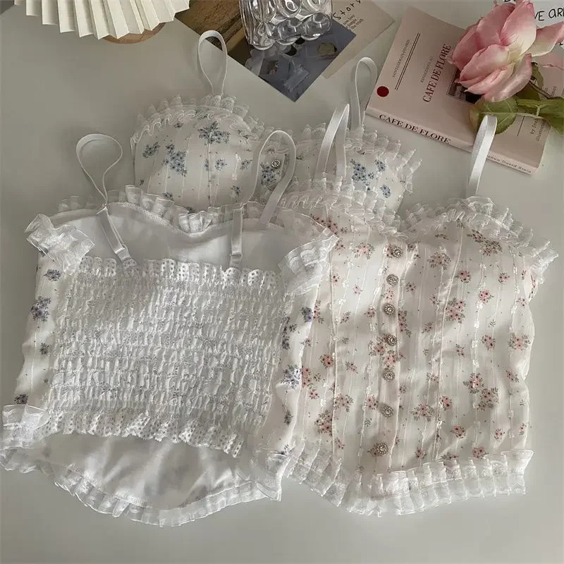 Y2k Tops French Floral Wood Earhem Camisole Womens Outer Wear with Breathable Lace Backbeautiful Underwear for Summer 250527