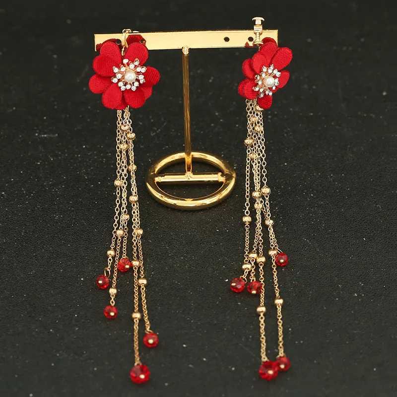 Chinese Women Red Flower Bridal Headpieces Wedding Headbands With Long Tassel Accessories For Brides Tiaras Crowns Headbands Z250605