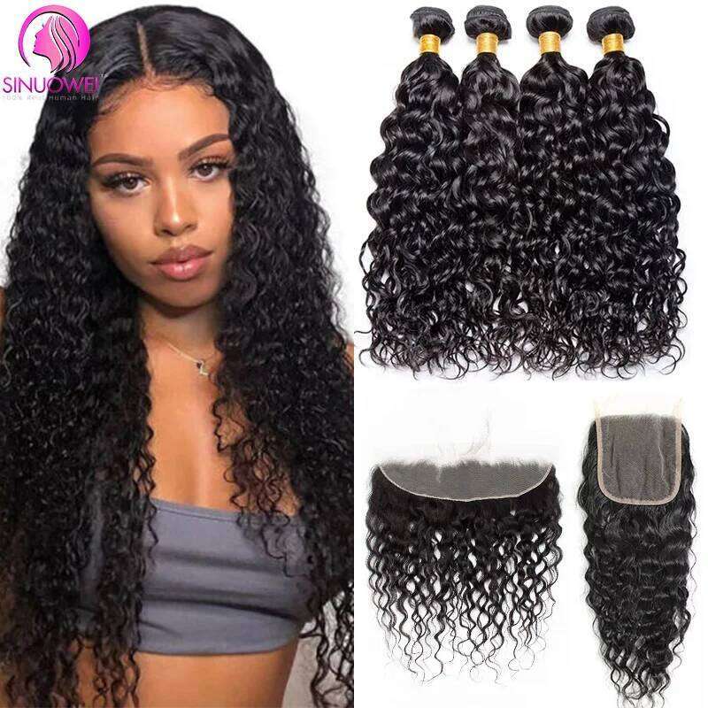 Burmese Water Wave 13x4 Frontal Weave With 4x4 Lace Closure Virgin Curly Bundles Human Hair