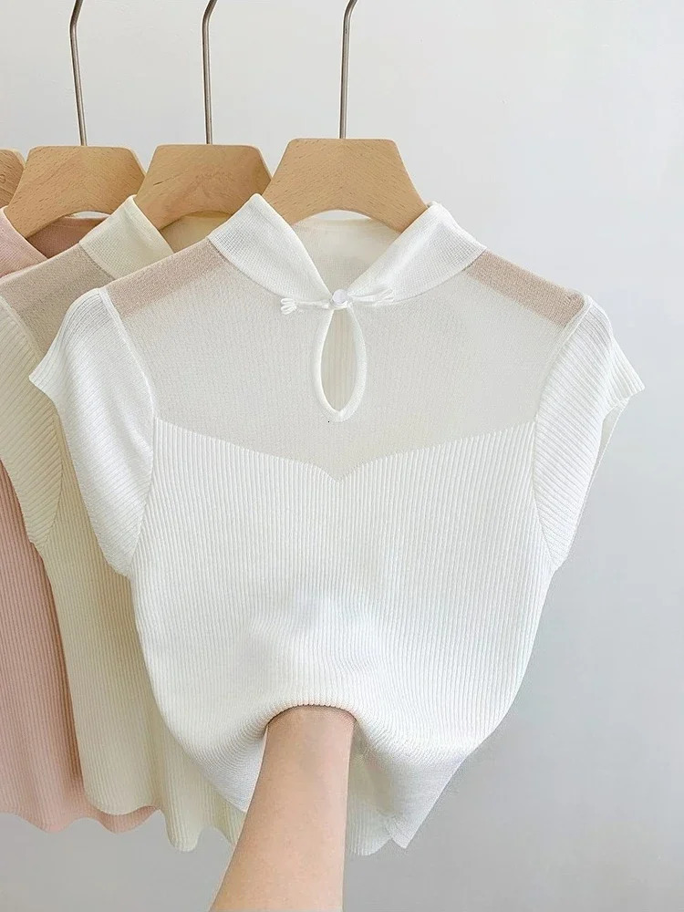 Basic Lace Mesh Solid Thin Summer Pullover Women Female Knitted Ribbed Sweater Slim Short Sleeve Bodycon 2025 250530