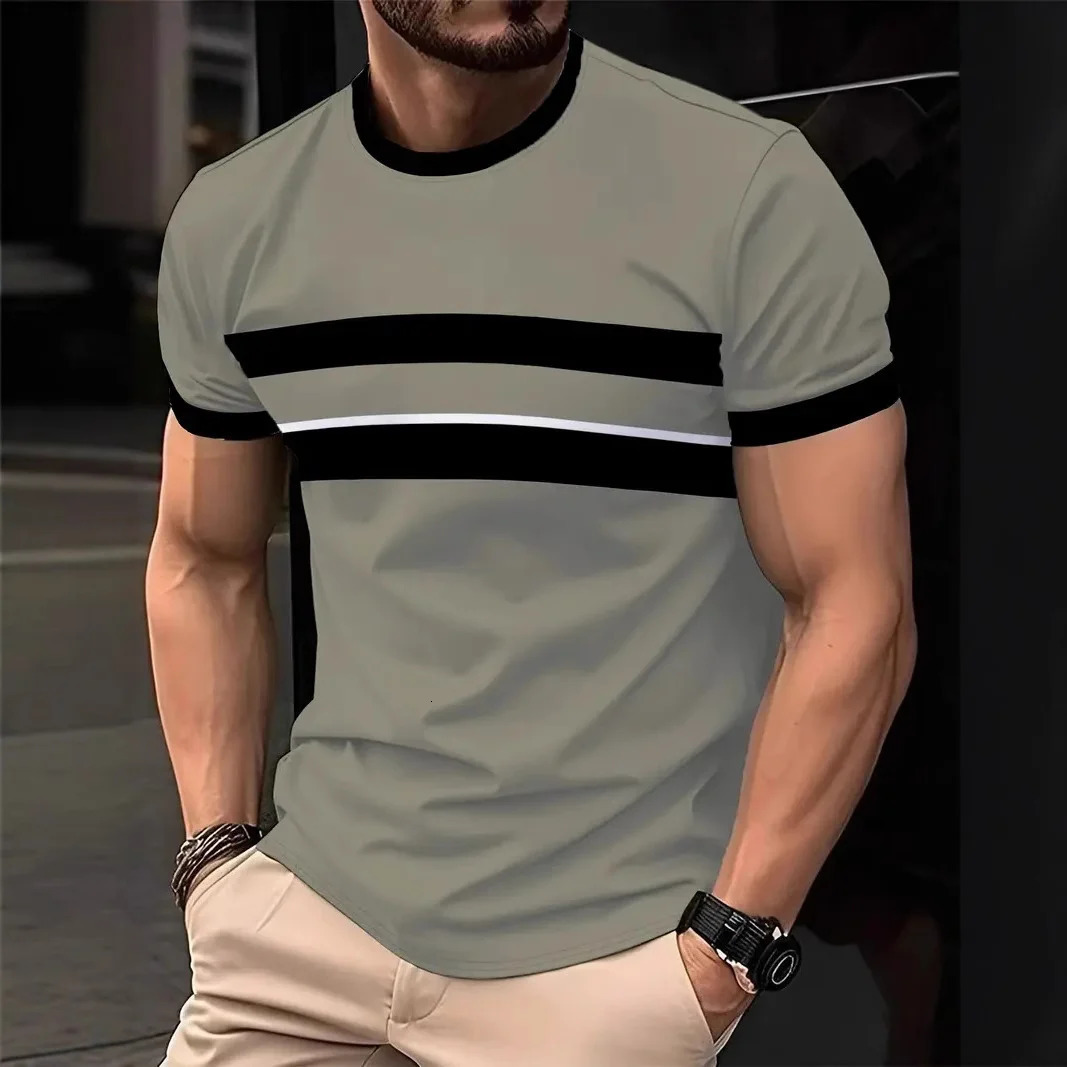 2025 Summer Mens Fashion 3D T Shirt Splicing Printed Colorblocking Casual Slim Short Sleeve Outdoor Sports Running Fitness Top 250605