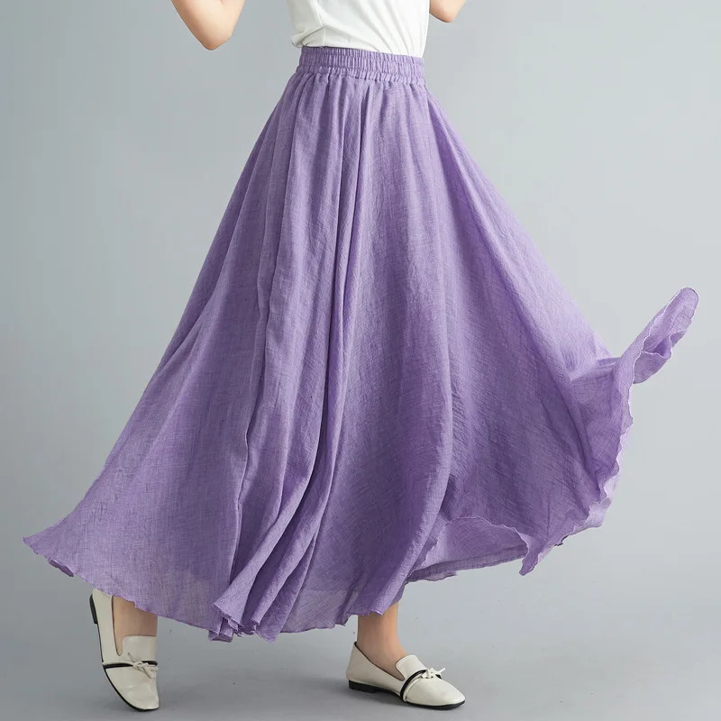 28-Color Mori Girl Literary Cotton Linen Dress Elastic Waist A-line Expansion Skirt Solid Color Ethnic Style Women Long Skirts 250605