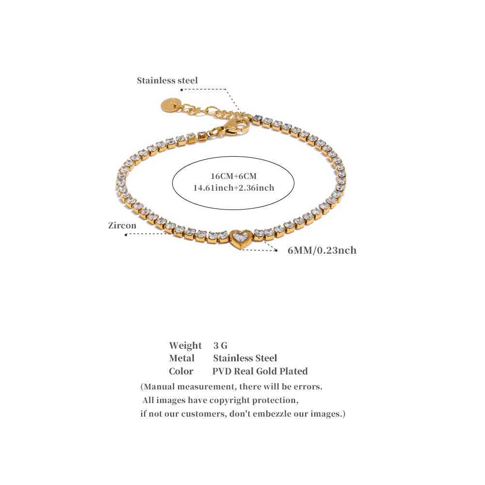 Yhpup Delicate Bling Cubic Zirconia Heart Chain Bracelet Bangle Exquisite Stainless Steel Shiny Waterproof Wrist Jewelry Gift W250606