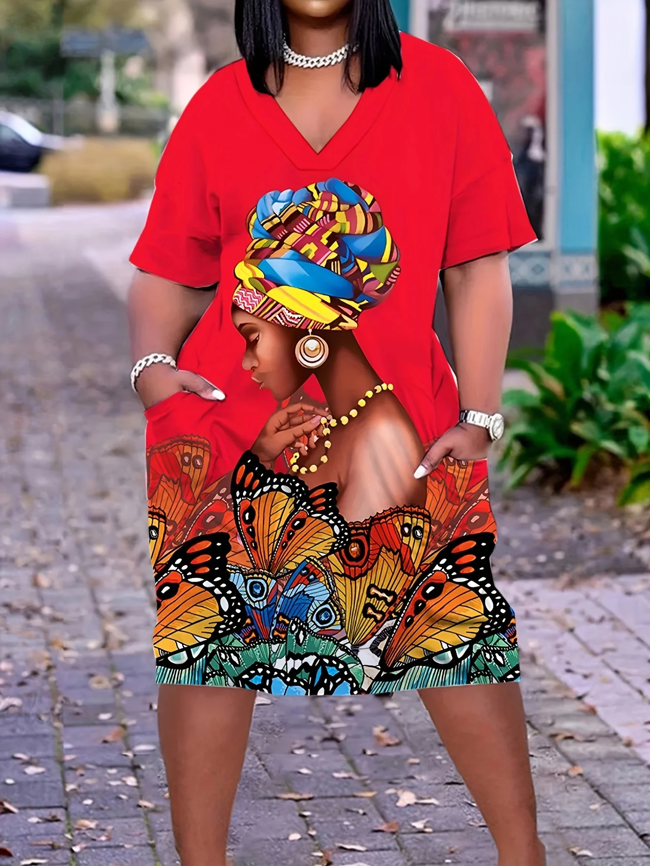 Plus Size Dress Casual Short Sleeve V Neck With Pockets Clothing 250526