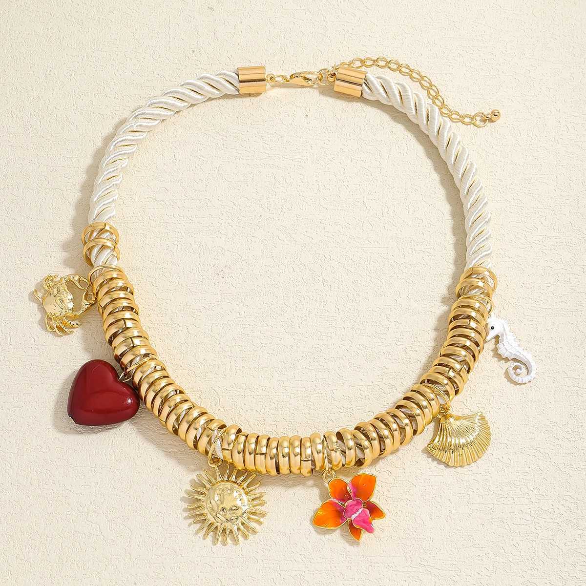 ZAA Vintage Charm Cord Necklace For Women Golden Ocean Animal Pendant Metal Shim Rope Chain Jewelry Summer Holiday Wearing Gift Y250605