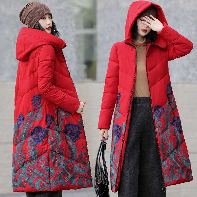 New casual jacket hooded winter embroidery flower thick parka fashion Oversized coat windproof and warm women's clothing