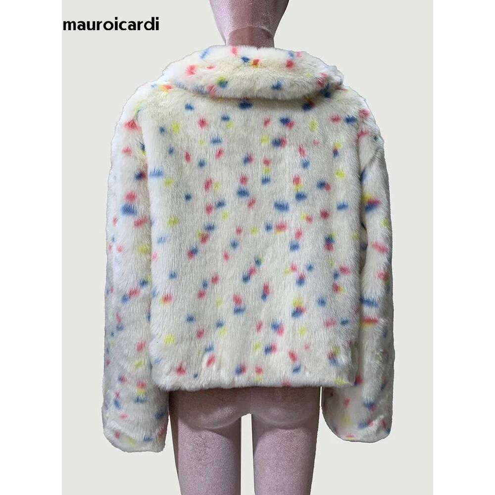 Mauroicardi Winter Short Colorful Thick Warm Faux Fur Coat Women Loose Sweet Fluffy Jacket Furry Cardigan 2024