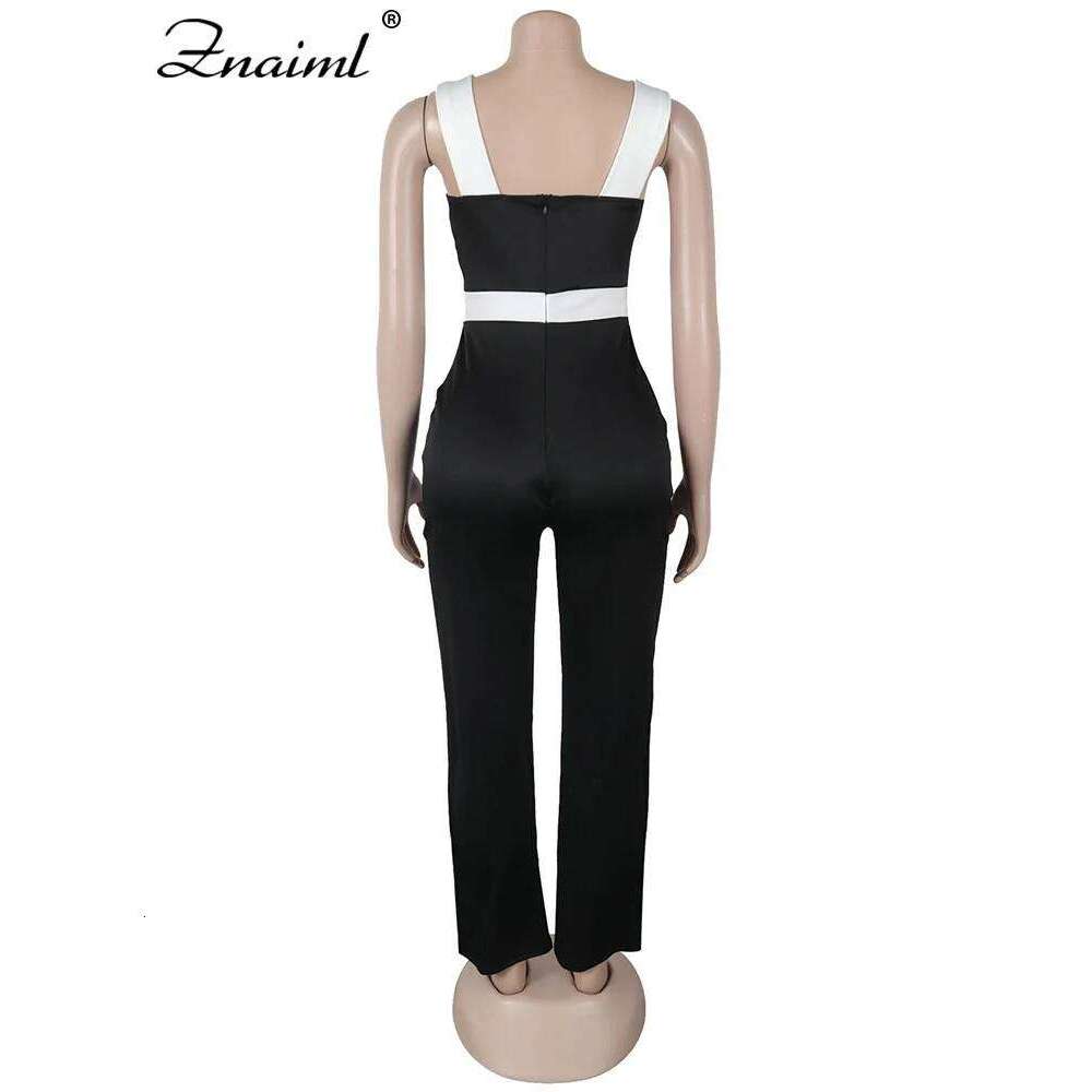 Znaiml Black White Patchwork Wide legs Jumpsuit Women Sleeveless Cut Out Loose Rompers Elegant Evening Party One Pieces Outfits
