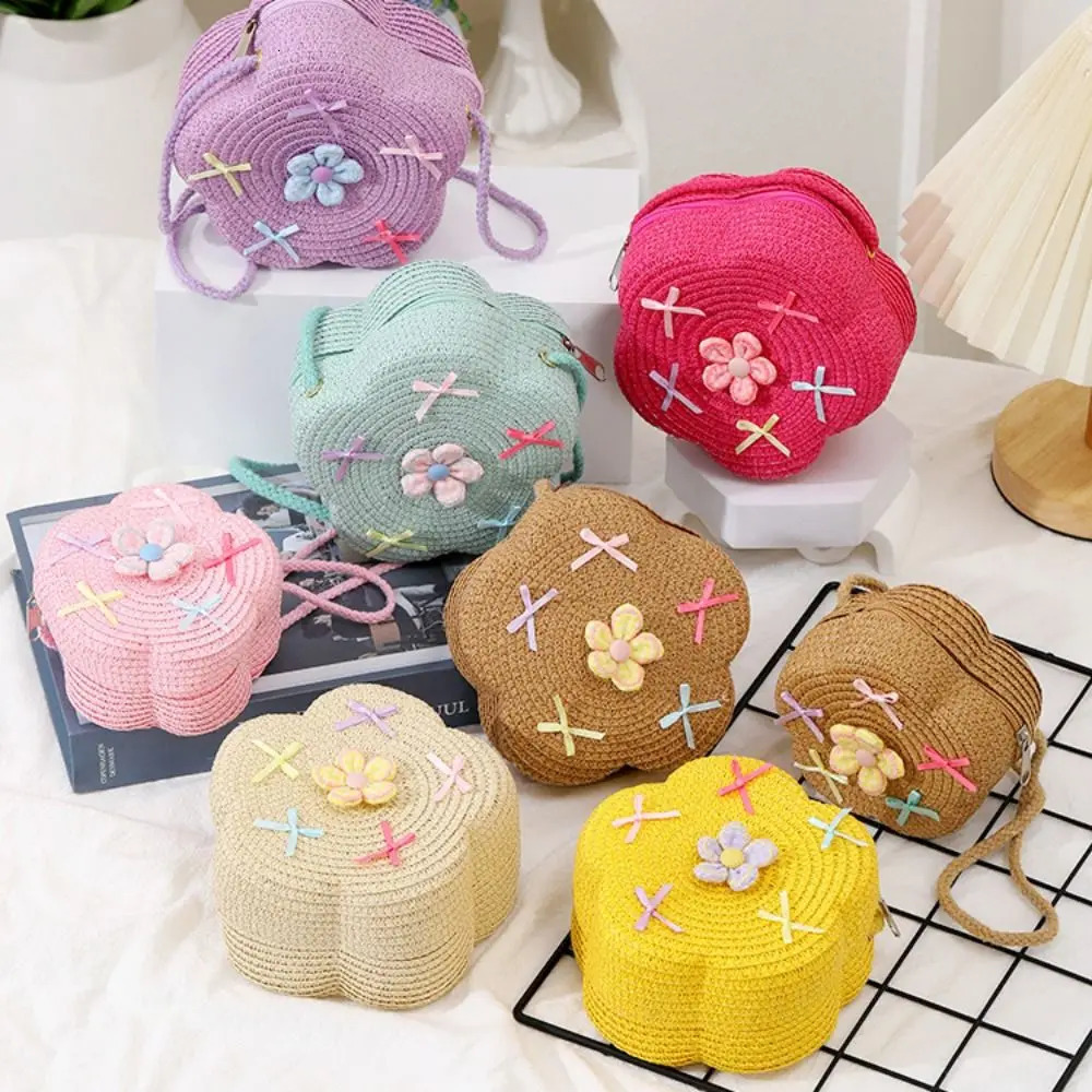 Durable Straw Shoulder Bags Flower Handmade Mini Coin Purse with Bow Messenger Bag for Kids Girls 250605