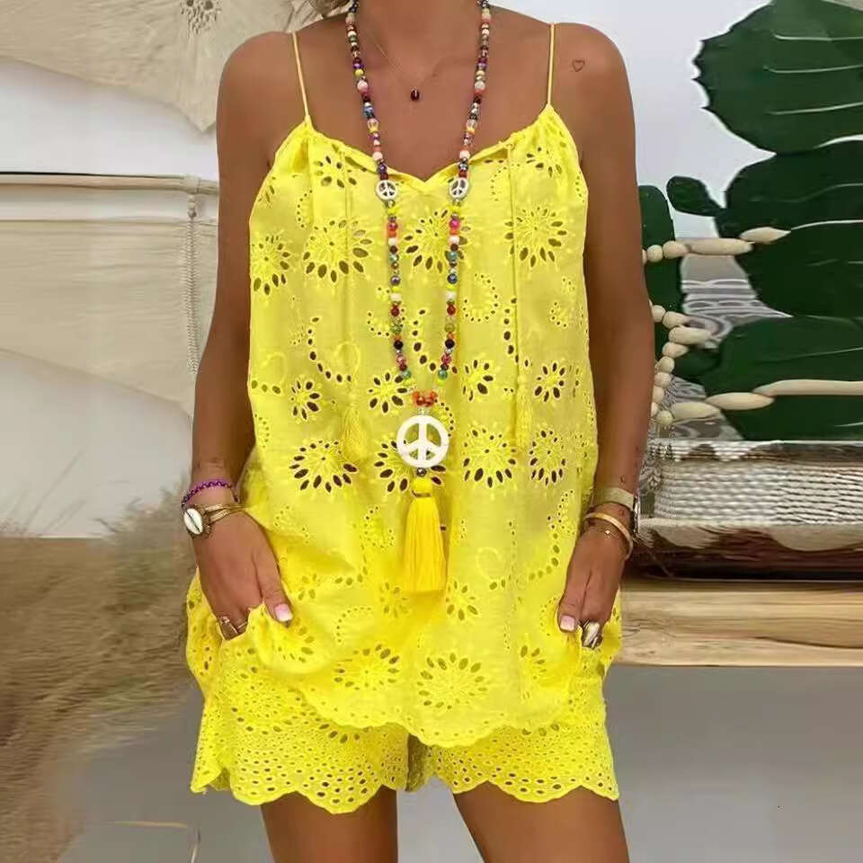 Sleeveless Drawstring Ruffle Hollow Out Camisole Vest Embroidered Shorts With Lining Cotton Set B5