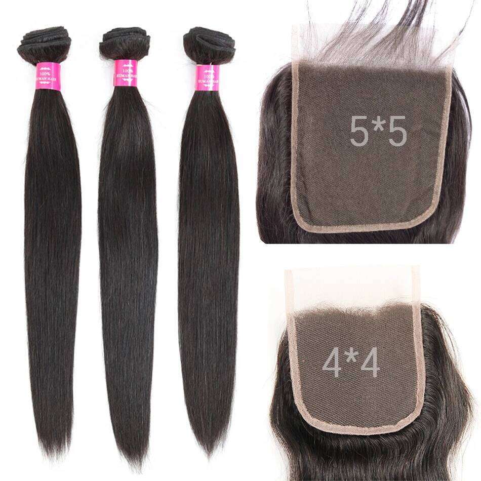 Human with 5x5 6x6 Bigger than 4x4 Malayisan Straight 3 Bundles With Closure Fashow Remy Hair Weaves
