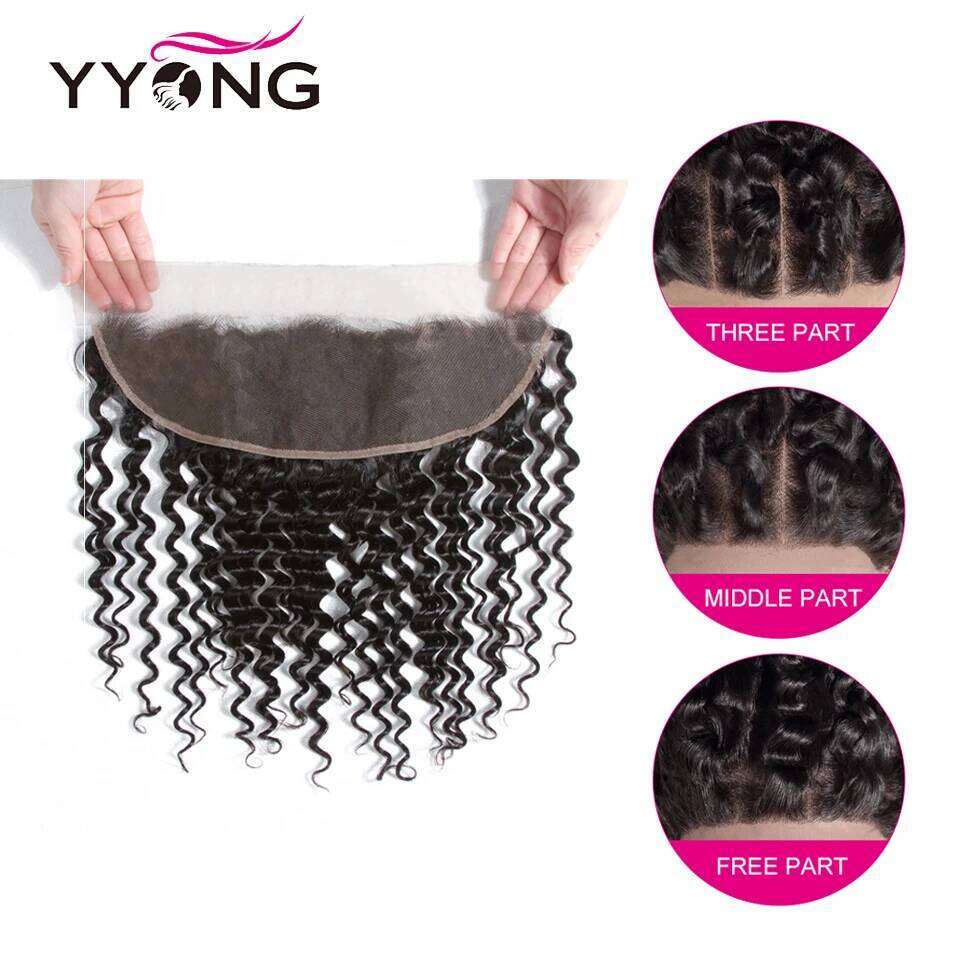 Yyong 3/4 Brazilian Deep Wave 100% Remy Human Hair Weave Bundles With 13x4 Lace Frontal Closure