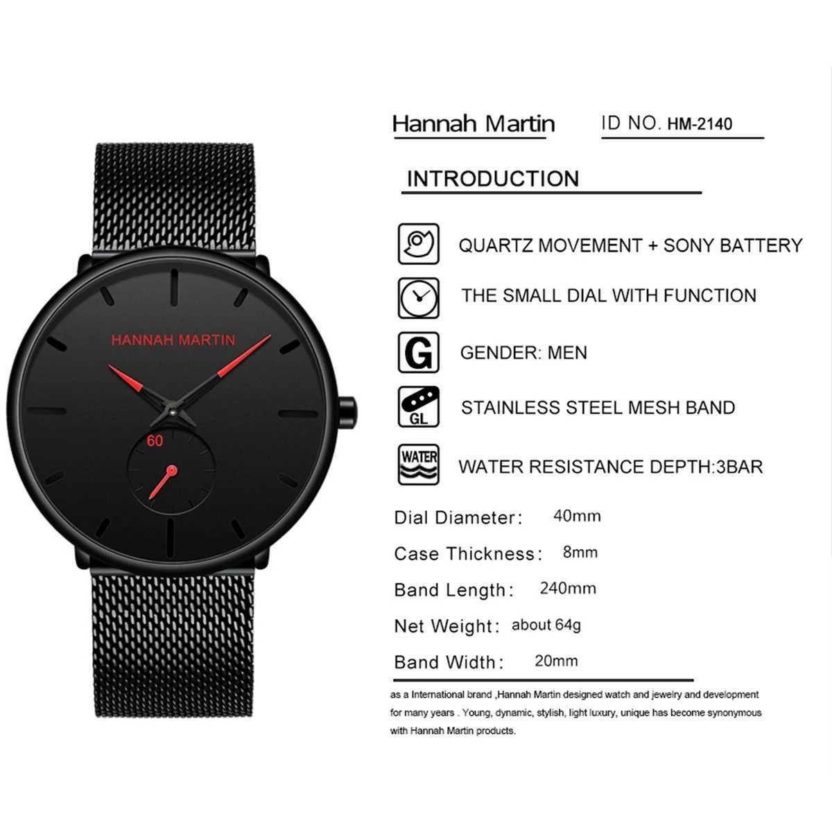 Hannah Martin Mens Watch Fashion Blue Black Timing Small Dial Original Quartz Movement Stainless Steel Casual Sports Mens Watches Y250605